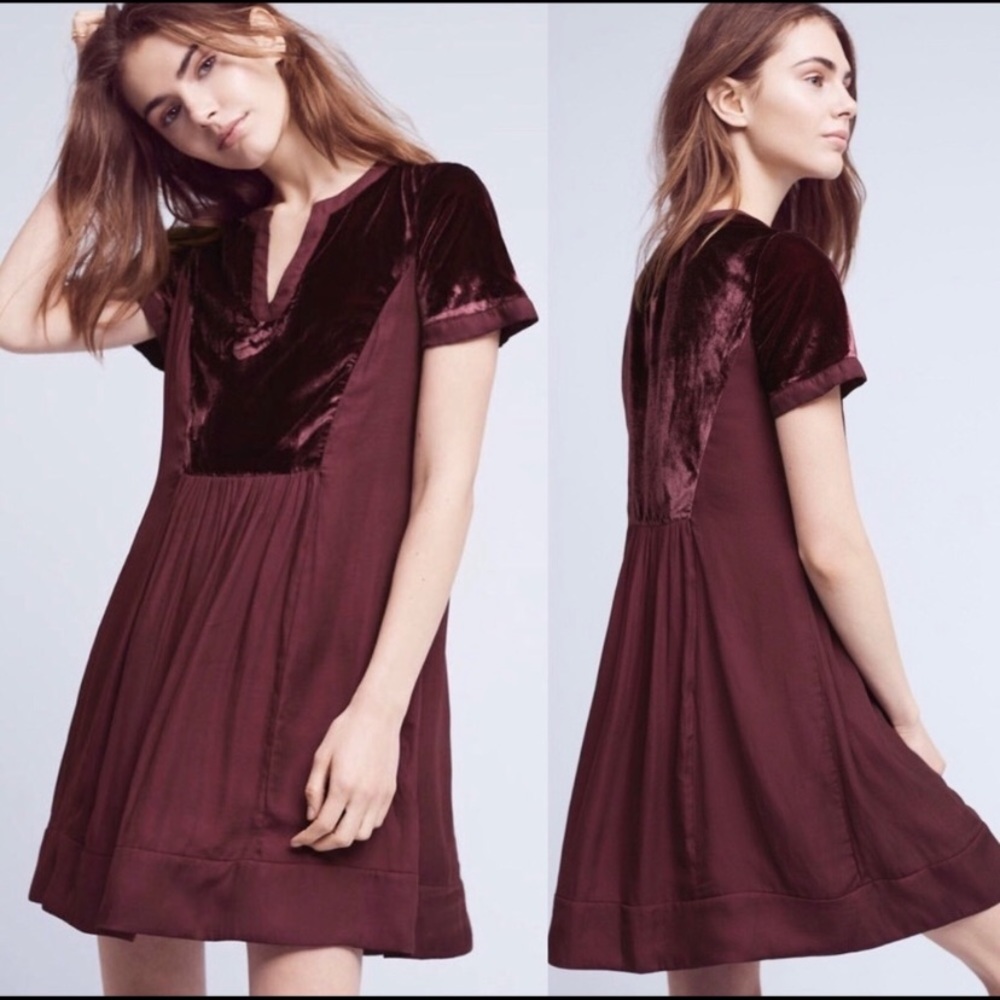 Maeve Anthropologie Ingrid Velvet Dress Burgundy
